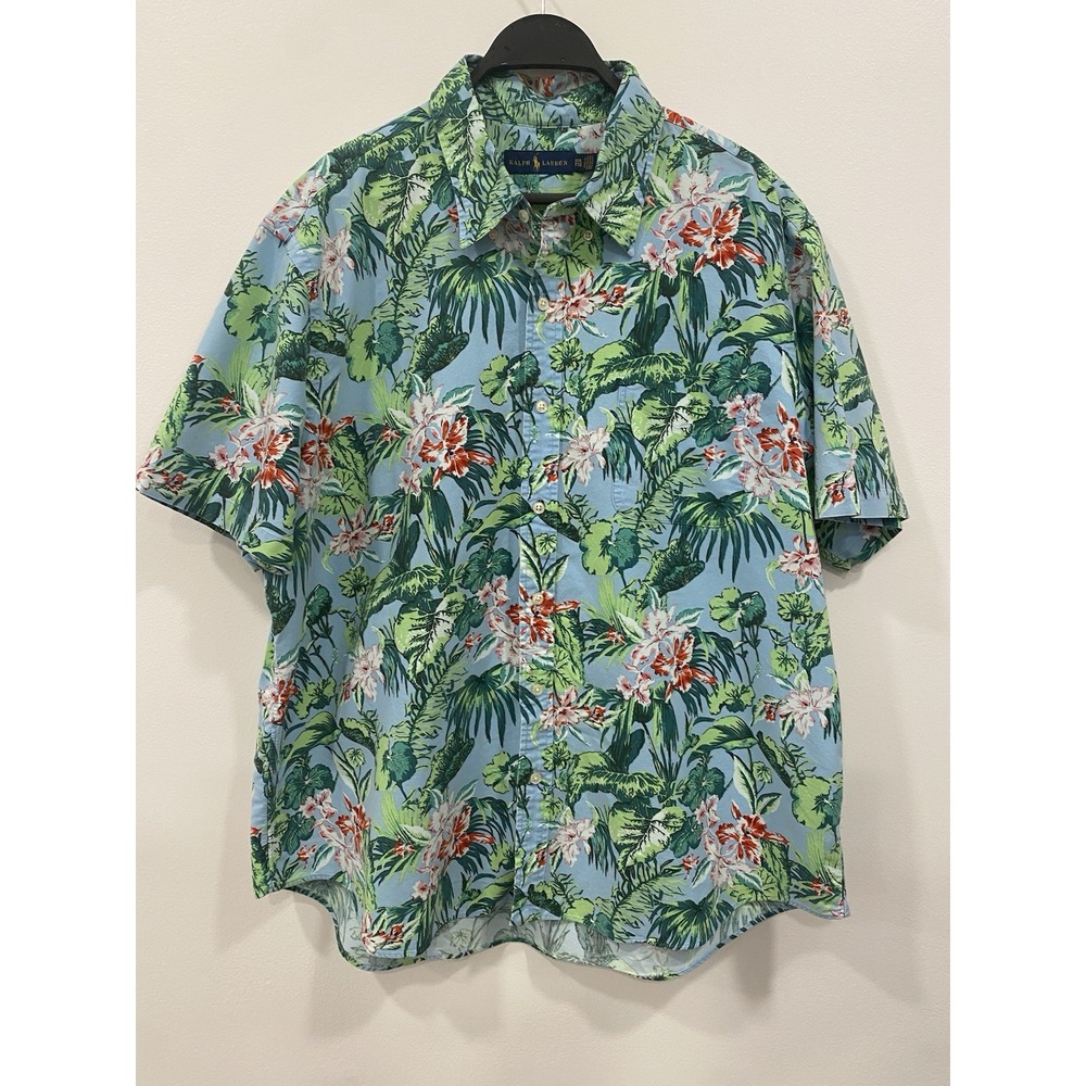 RALPH LAUREN Mens Shirt Tropical Hawaiian Blue Floral 100% Cotton Size XXL